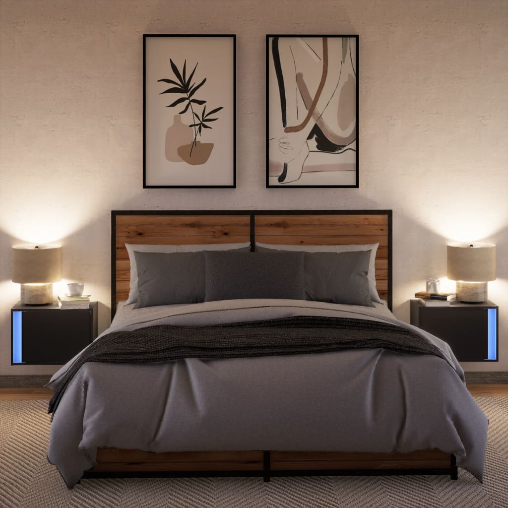 Comodini a Parete con Luci LED 2 pz Neri - homemem39