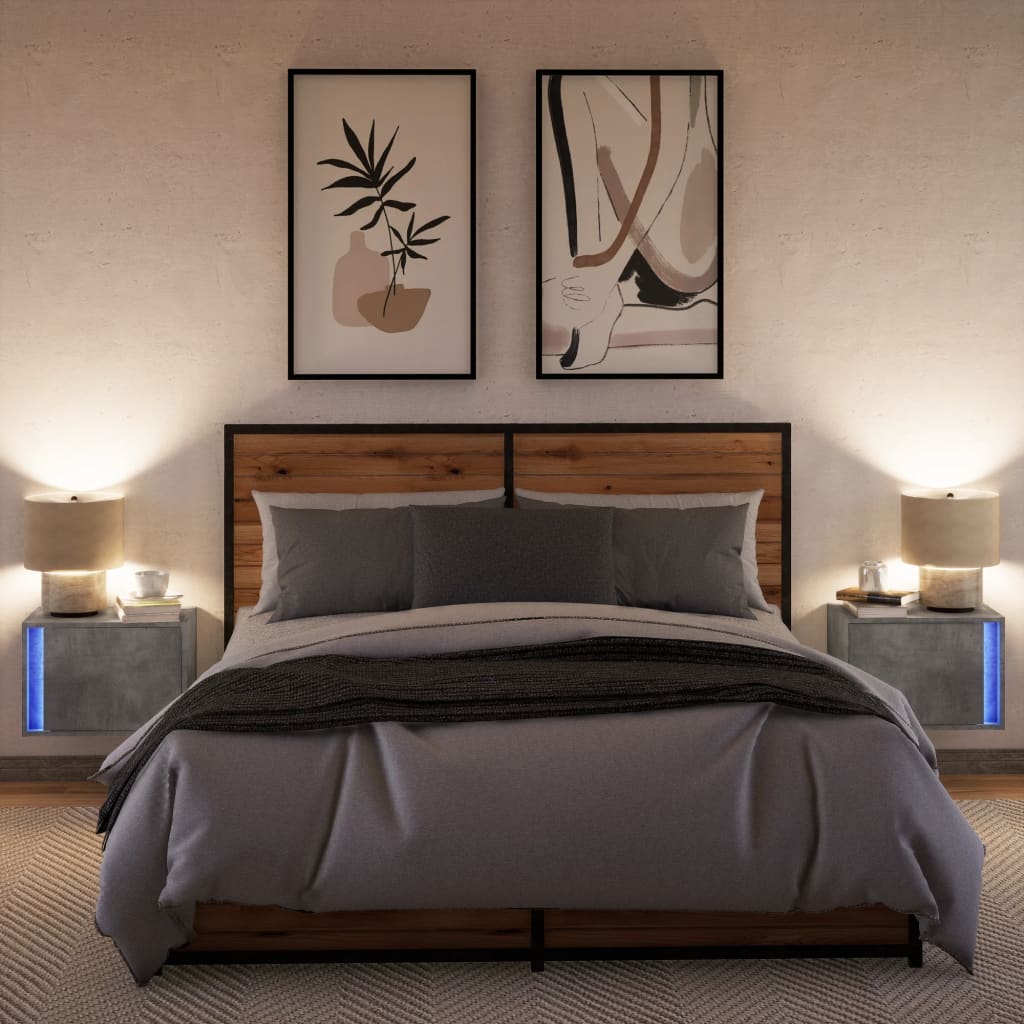 Comodini a Parete con Luci LED 2 pz Grigio Cemento - homemem39