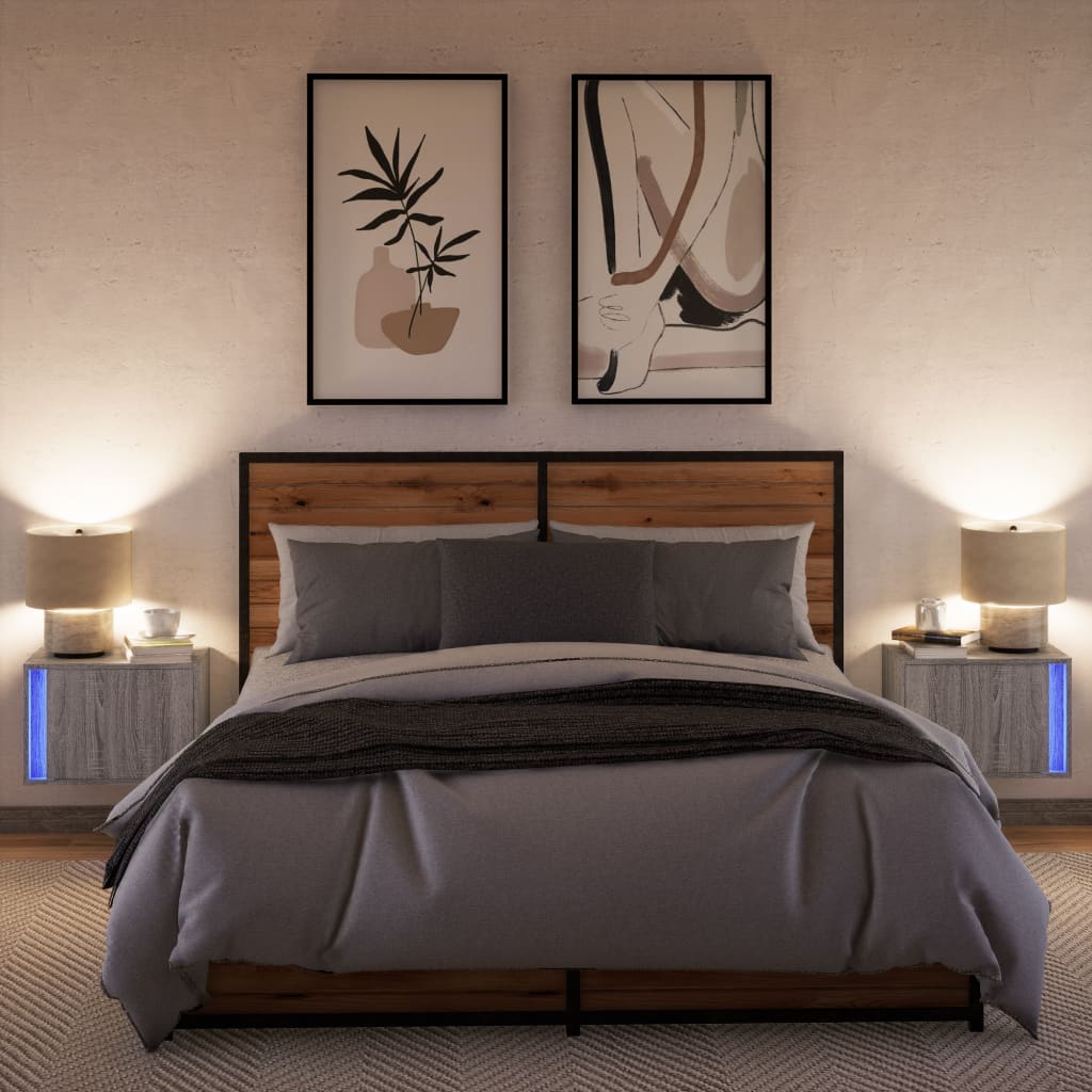 Comodini a Parete con luci LED 2 pz Grigio Sonoma - homemem39
