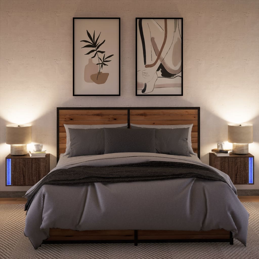 Comodini a Parete con luci LED 2 pz Rovere Marrone - homemem39