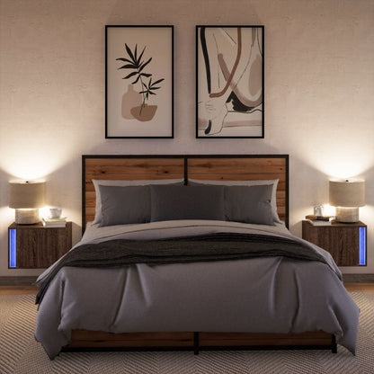 Comodini a Parete con luci LED 2 pz Rovere Marrone - homemem39