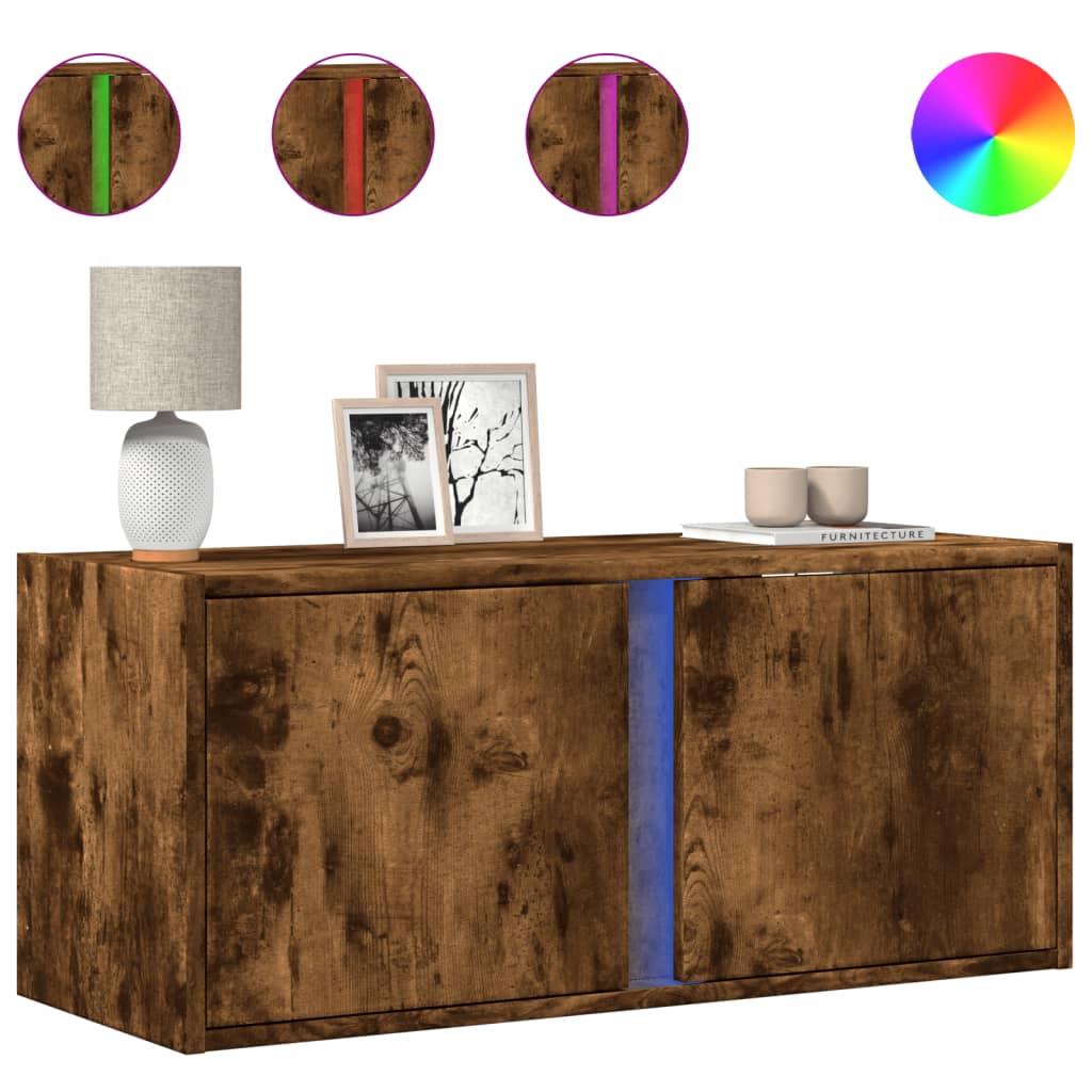 Mobile TV a Parete con Luci LED Rovere Fumo 80x31x35 cm - homemem39