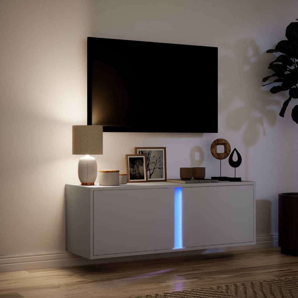 Mobile TV a Parete con Luci LED Bianco 100x31x35 cm - homemem39