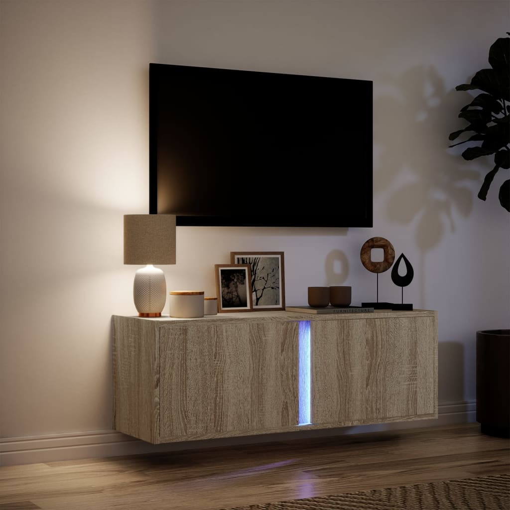 Mobile TV a Parete con Luci LED Rovere Sonoma 100x31x35 cm - homemem39