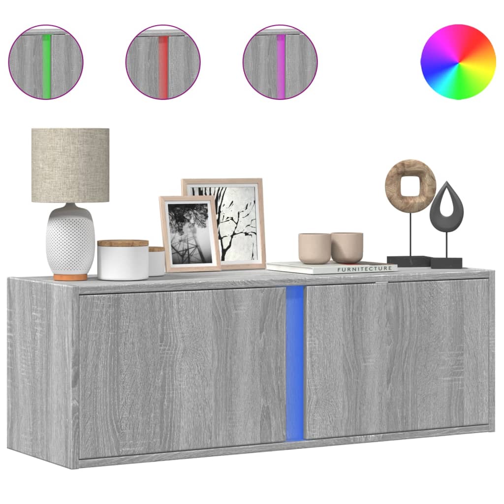 Mobile TV a Parete con Luci LED Grigio Sonoma 100x31x35 cm