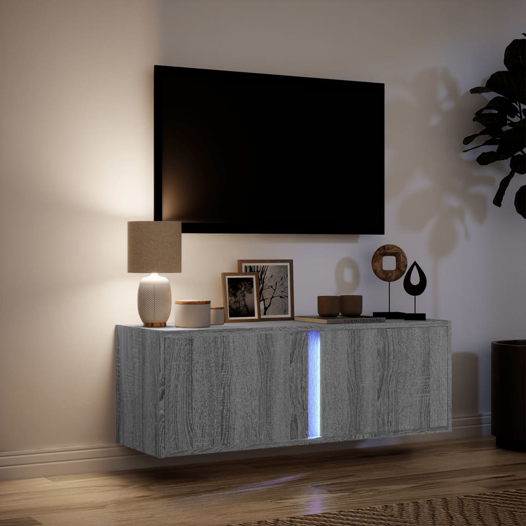 Mobile TV a Parete con Luci LED Grigio Sonoma 100x31x35 cm | homemem39