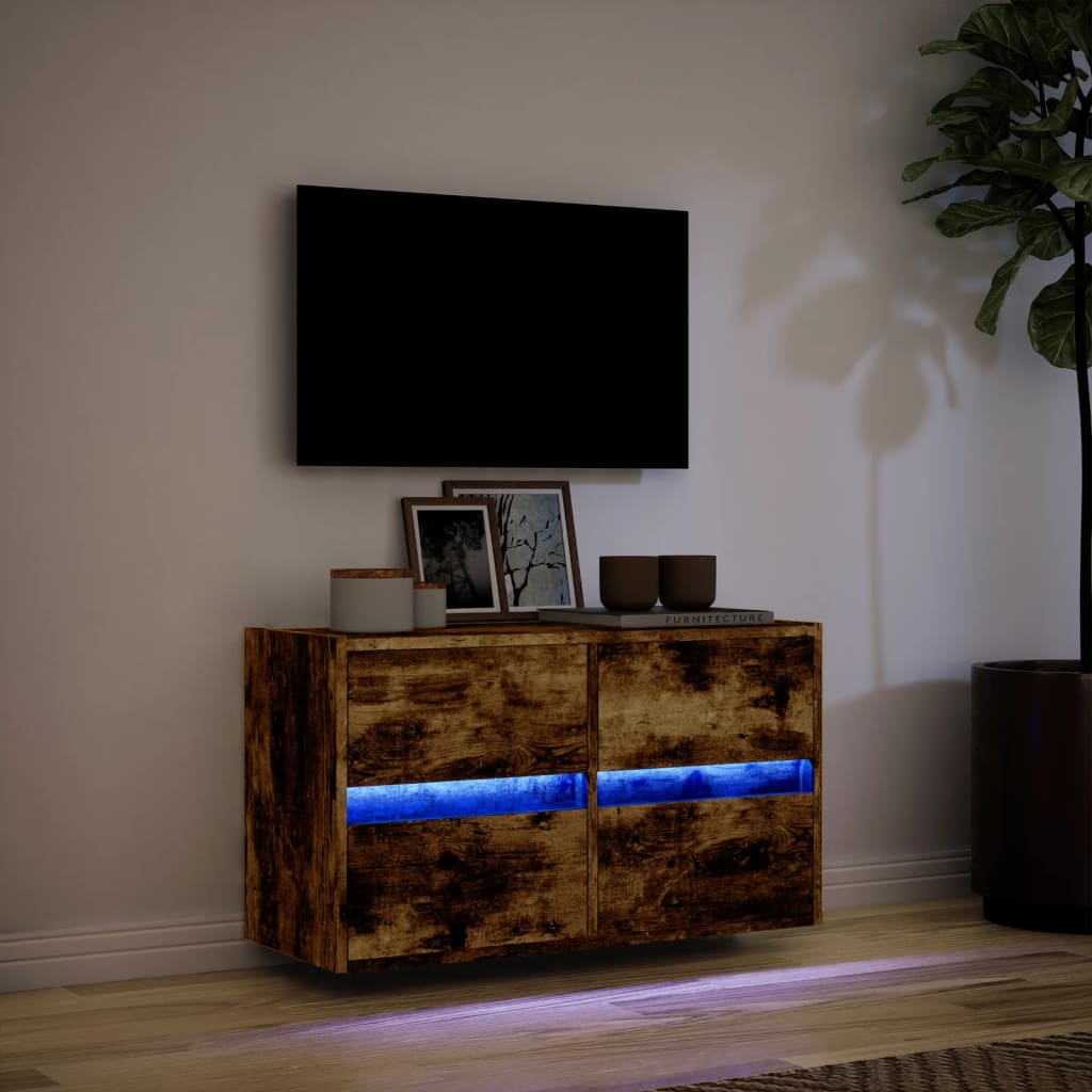 Mobile TV a Parete con Luci LED Rovere Fumo 80x31x45 cm - homemem39