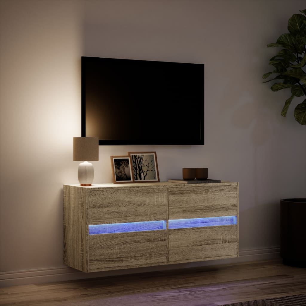 Mobile TV a Parete con Luci LED Rovere Sonoma 100x31x45 cm - homemem39