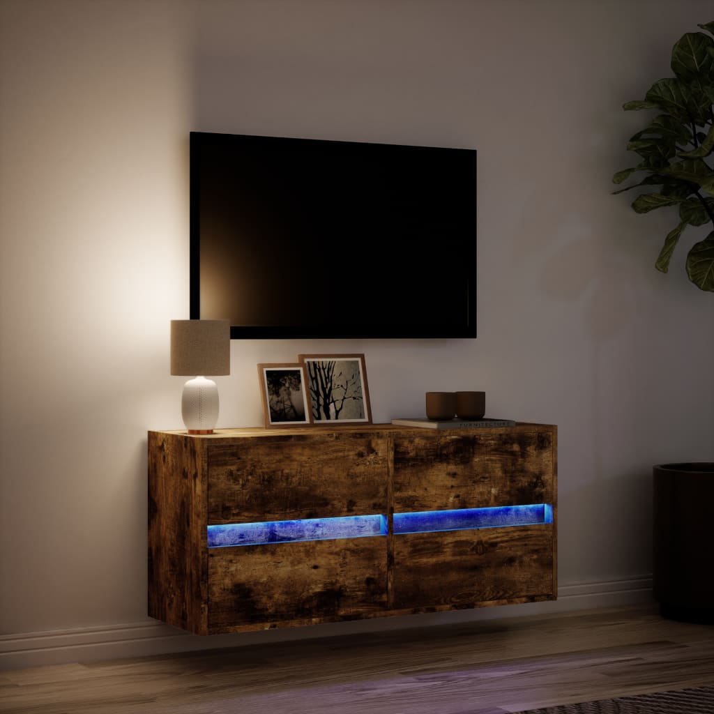 Mobile TV a Parete con Luci LED Rovere Fumo 100x31x45 cm - homemem39