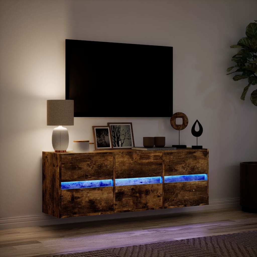 Mobile TV a Parete con Luci LED Rovere Fumo 130x31x45 cm - homemem39