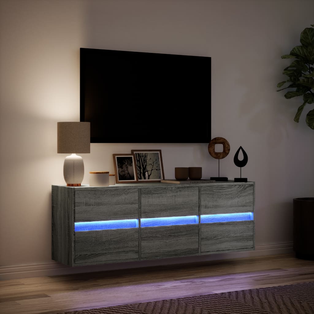 Mobile TV a Parete con Luci LED Grigio Sonoma 130x31x45 cm - homemem39