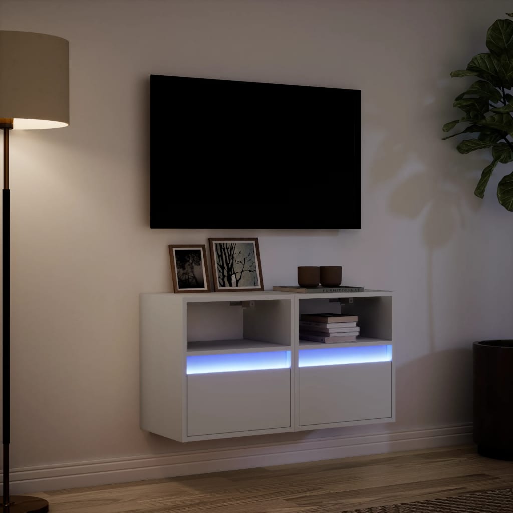 Mobili TV a Parete con Luci LED 2pz Bianchi 40x30x40 cm - homemem39