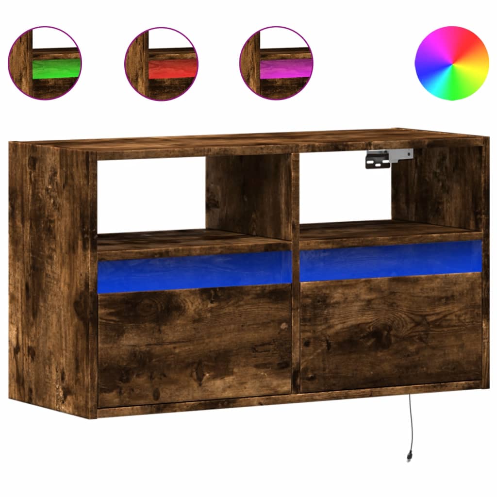 Mobile TV a Parete con Luci LED Rovere Fumo 80x31x45 cm | homemem39