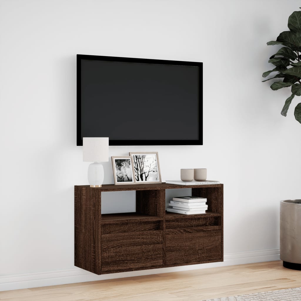 Mobile TV a Parete con Luci LED Rovere Marrone 80x31x45 cm
