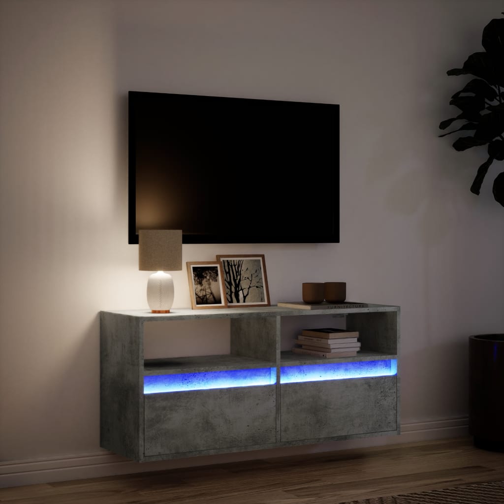 Mobile TV a Parete con Luci LED Grigio Cemento 100x31x45 cm - homemem39