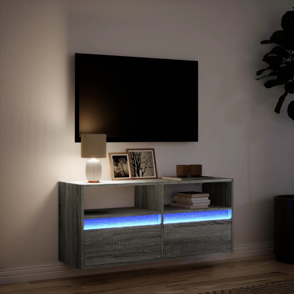 Mobile TV a Parete con Luci LED Grigio Sonoma 100x31x45 cm - homemem39