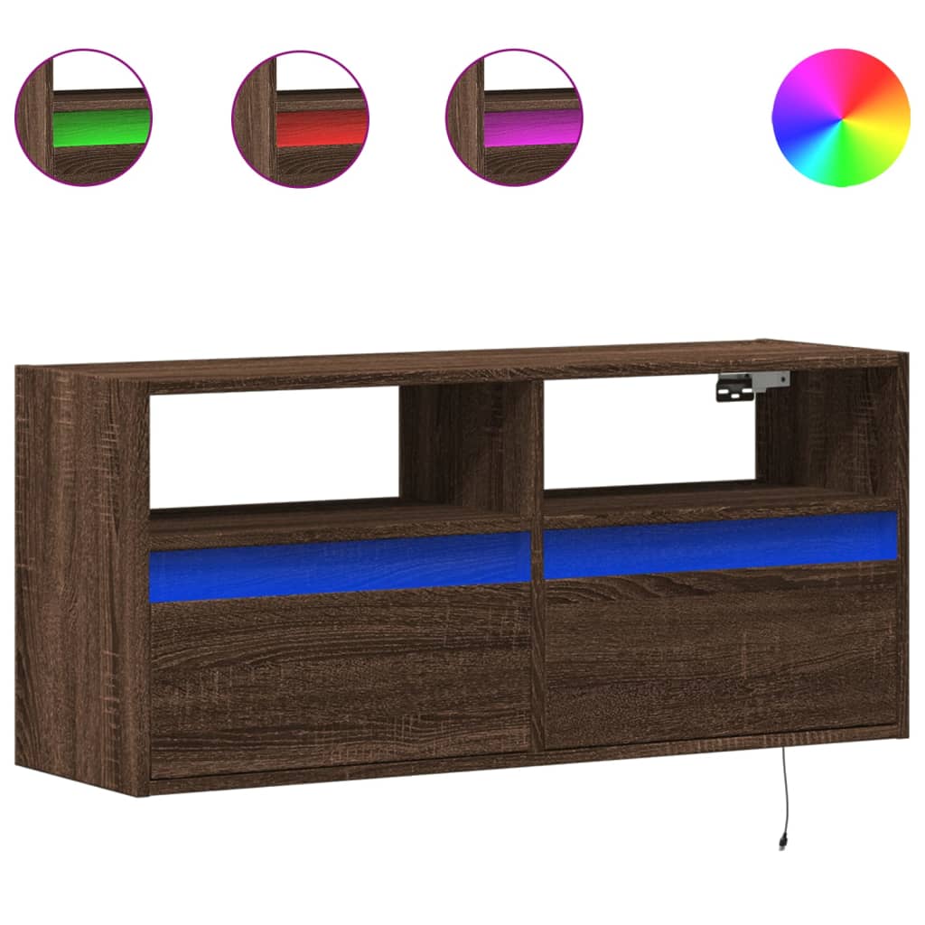 Mobile TV a Parete con Luci LED Rovere Marrone 100x31x45 cm