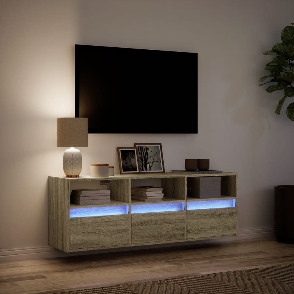 Mobile TV a Parete con Luci LED Rovere Sonoma 130x31x45 cm - homemem39