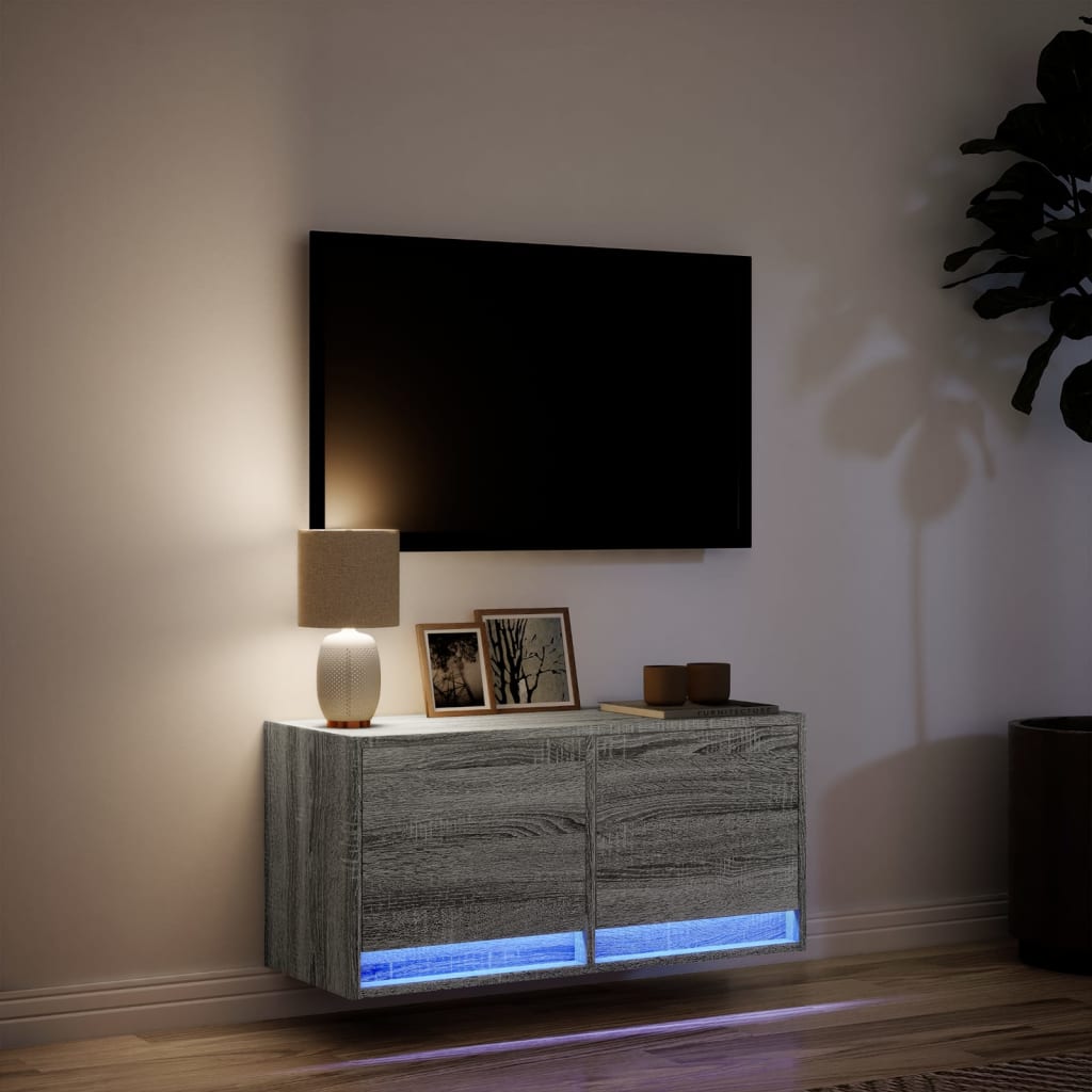 Mobile TV a Parete con Luci LED Grigio Sonoma 80x31x35 cm - homemem39