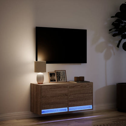 Mobile TV a Parete con Luci LED Rovere Marrone 80x31x35 cm - homemem39
