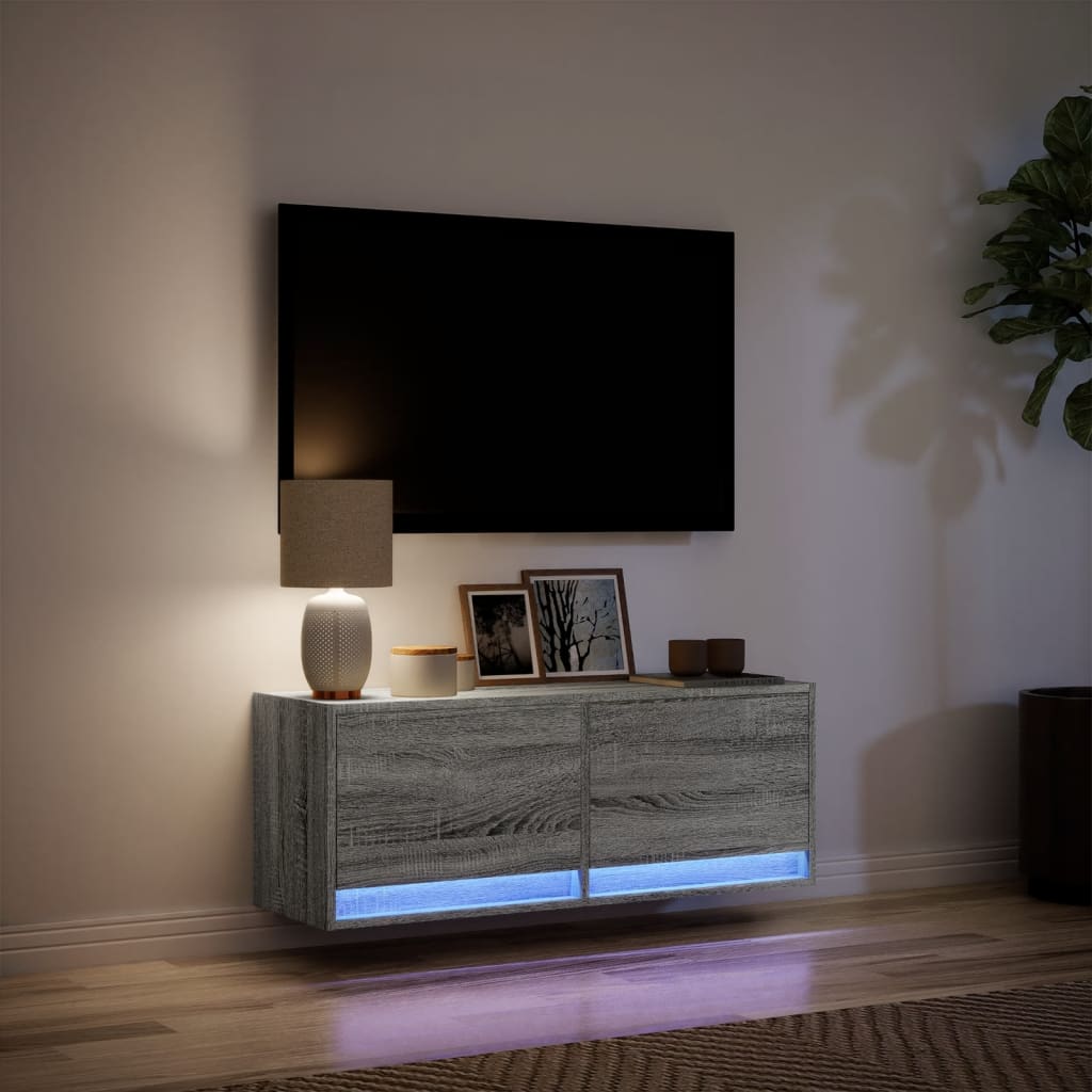 Mobile TV a Parete con Luci LED Grigio Sonoma 100x31x35 cm - homemem39