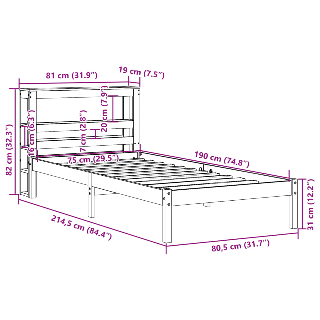 Letto senza Materasso Bianco 75x190 in Legno Massello di Pino