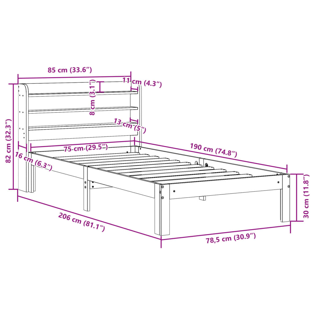 Letto senza Materasso Marrone Cera 75x190 cm in Legno di Pino