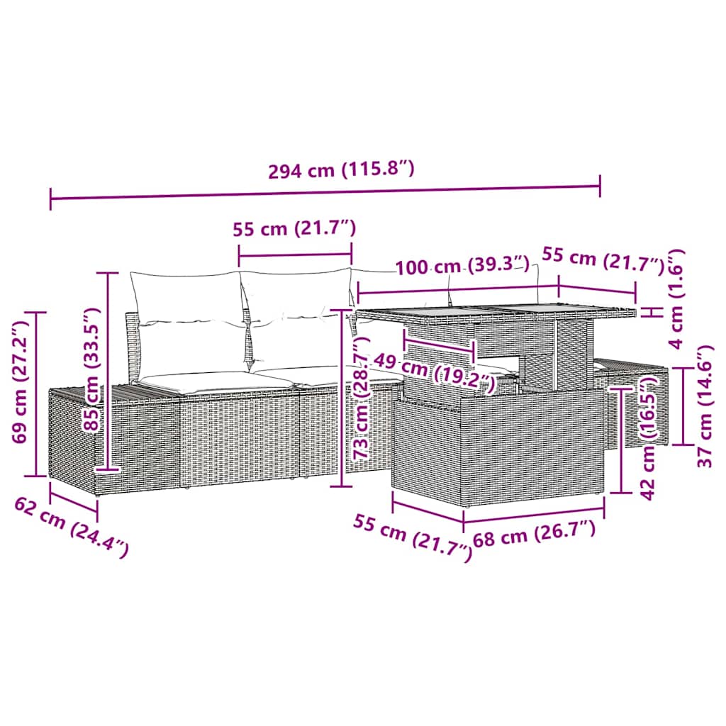 Set Divano da Giardino 5 pz Grigio e Marrone