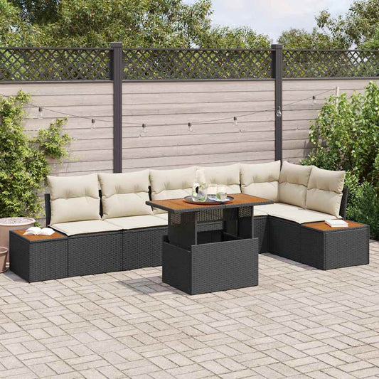 Set da Pranzo per Giardino con cuscino 7 pcs Nero e Beige