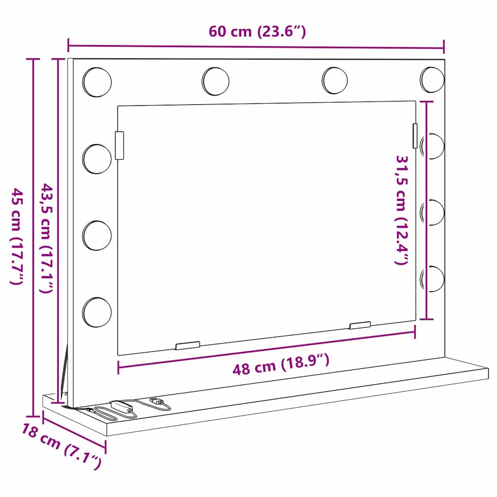 Specchio da Vanità Rettangolare Rovere fumé 60 x 45 x 18 cm
