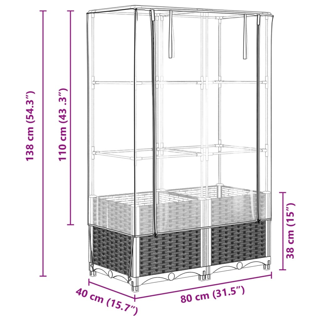 Hochbeet mit Gewächshausabdeckung in Rattan-Optik, 80 x 40 x 138 cm