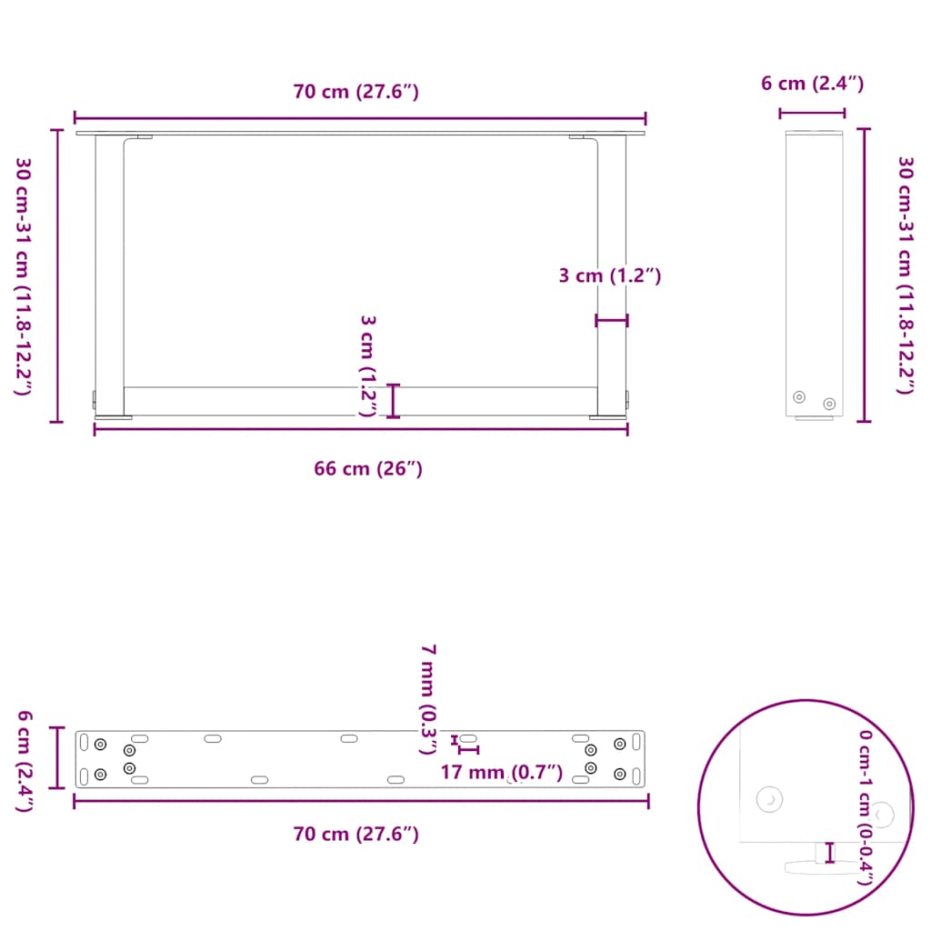 Gambe per Tavolino da Caffè forma U 2 pz Naturale 70x(30-31) cm
