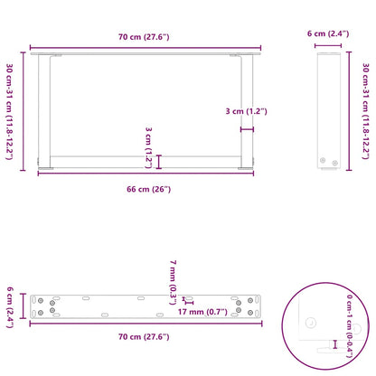 Gambe per Tavolino da Caffè forma U 2 pz Naturale 70x(30-31) cm