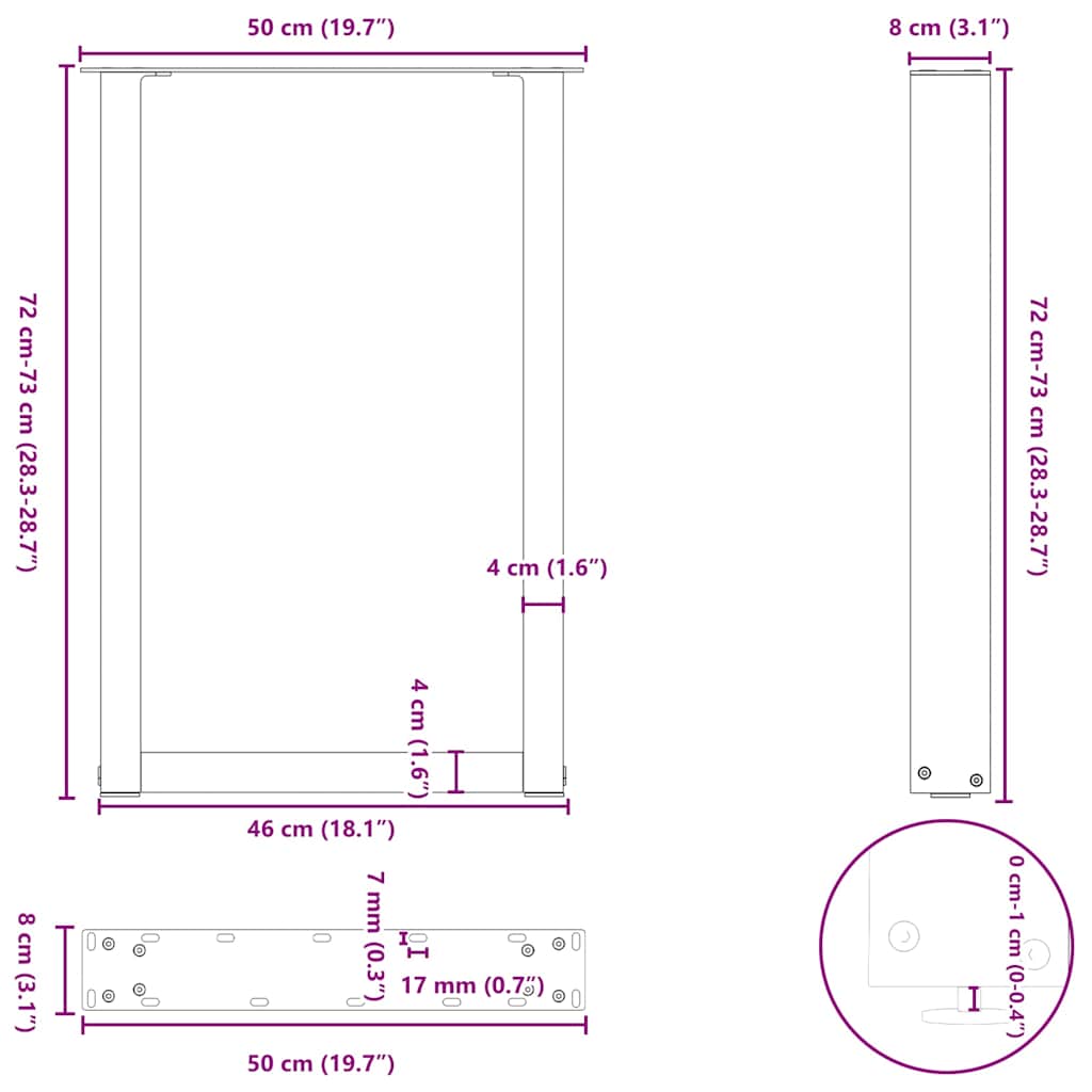 Gambe per tavolo da pranzo a forma di U 2 pz nere 50x(72-73) cm in acciaio