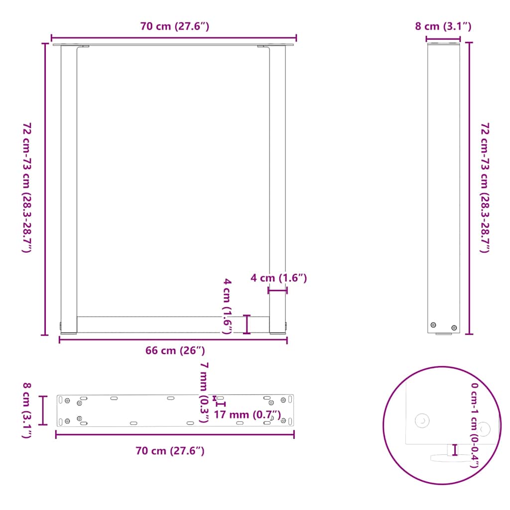 Gambe per tavolo da pranzo forma U 2 pz naturale 70x(72-73) cm
