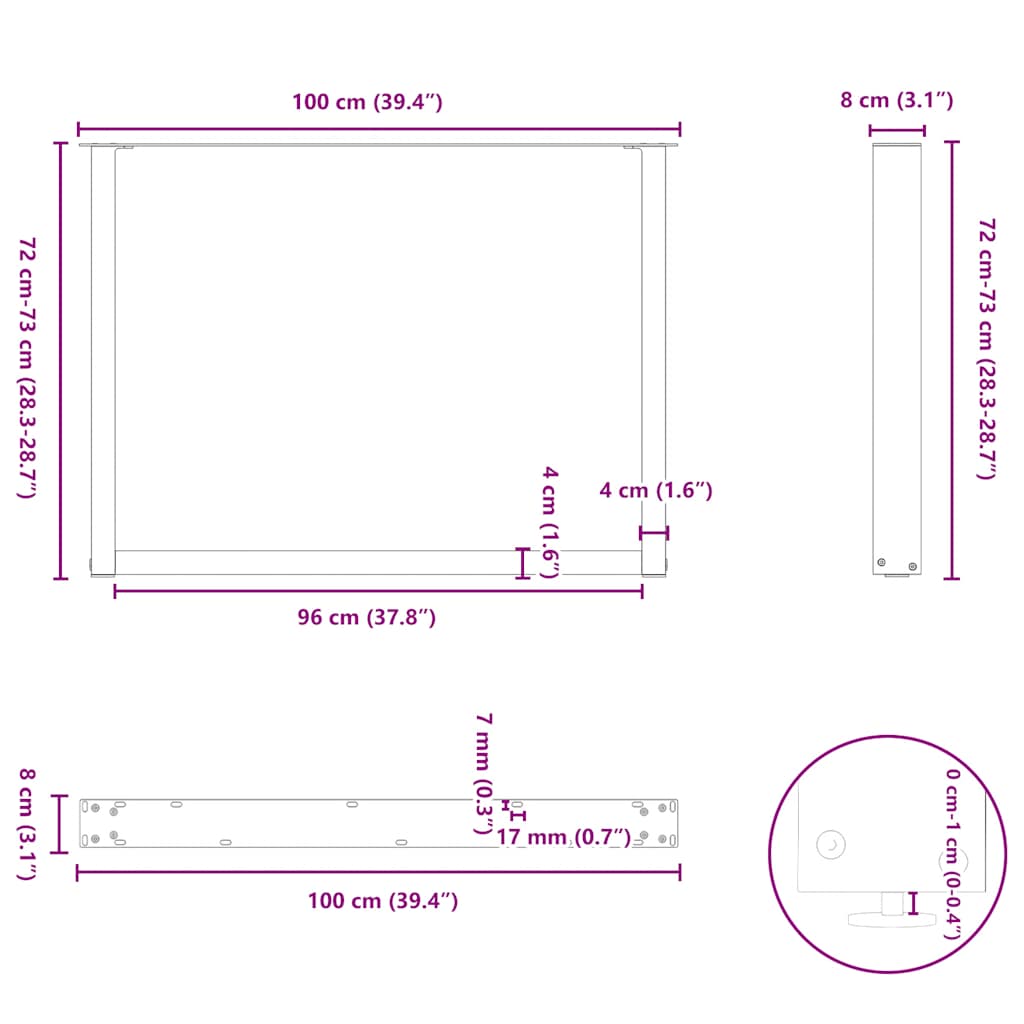 Gambe Tavolo Pranzo a U 2 pz Antracite 100x(72-73)cm in Acciaio