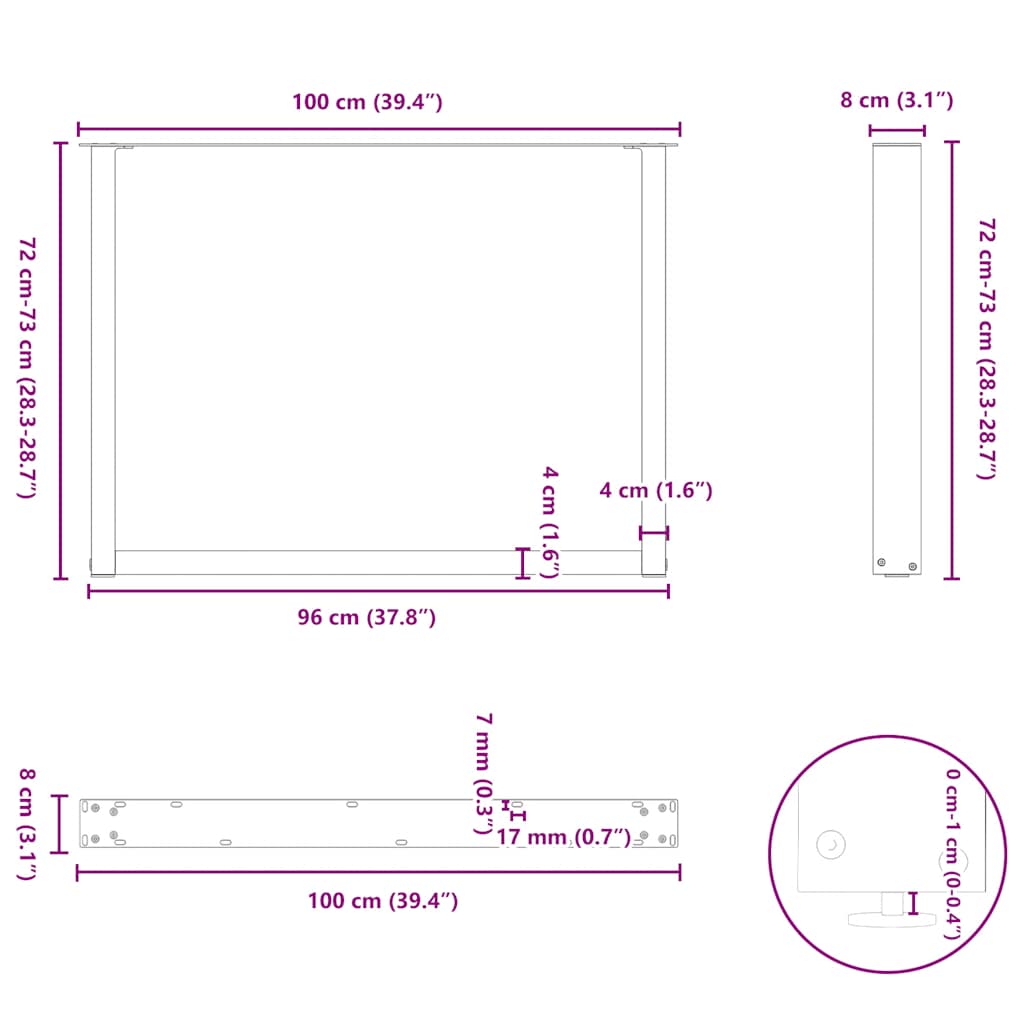 Gambe per tavolo da pranzo a forma di U 3 pz nere 100x(72-73) cm in acciaio