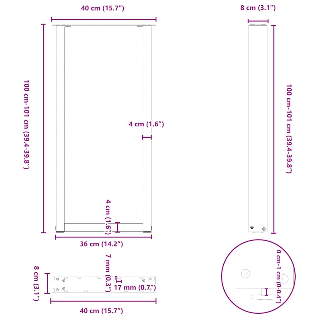 Gambe Tavolino da Caffè a U 2 pz Nero 40x(100-101)cm in Acciaio