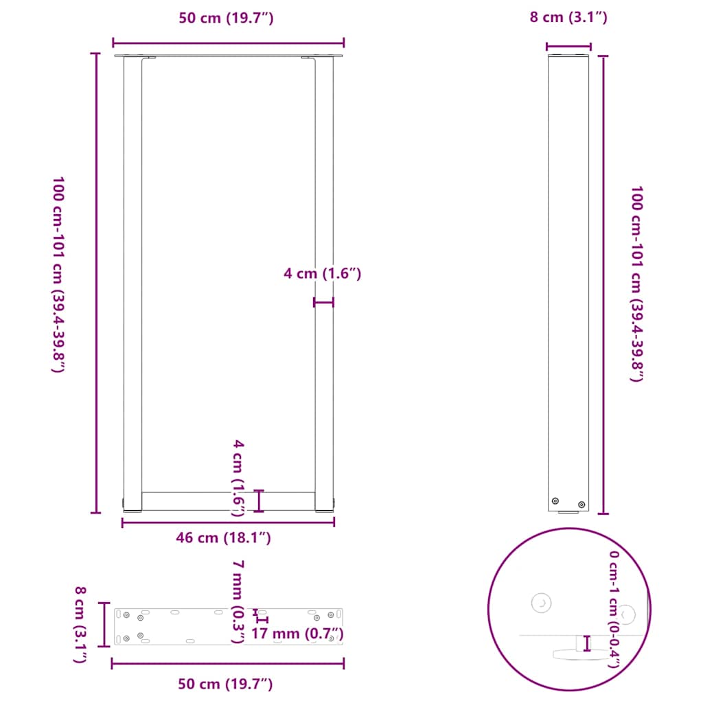 Gambe Tavolino da Caffè a U 2 pz Nero 50x(100-101)cm in Acciaio