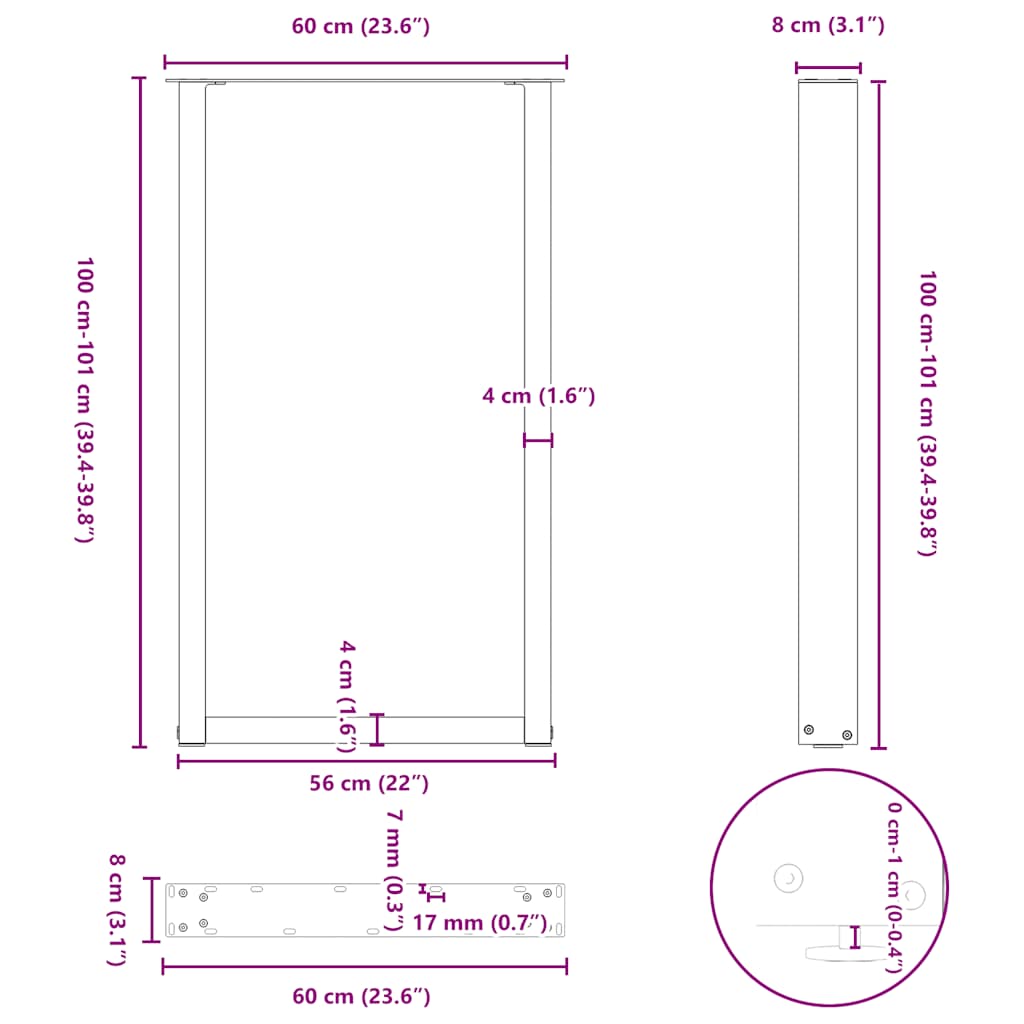 Gambe Tavolino da Caffè a U 2 pz Nero 60x(100-101)cm in Acciaio