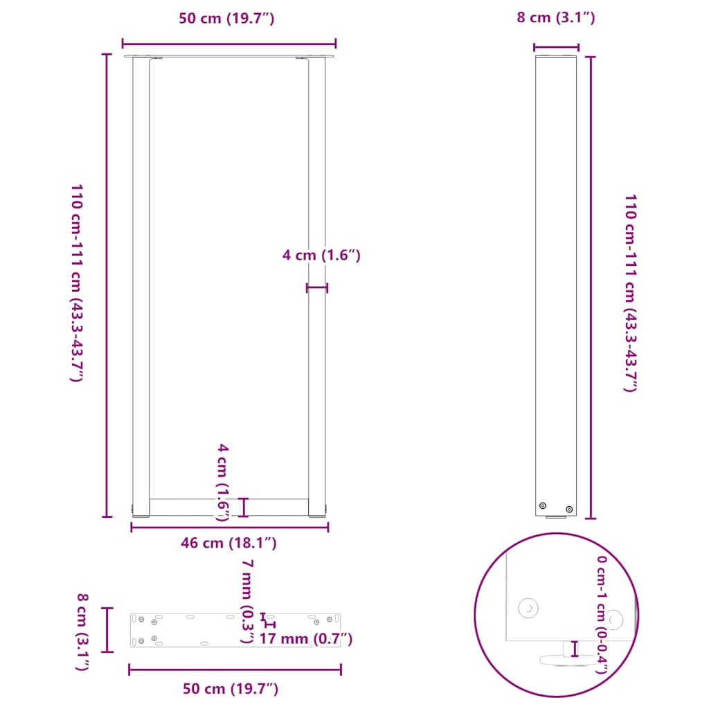 Gambe per tavolo da bar a forma di U 2 pz nere 50x(110-111) cm