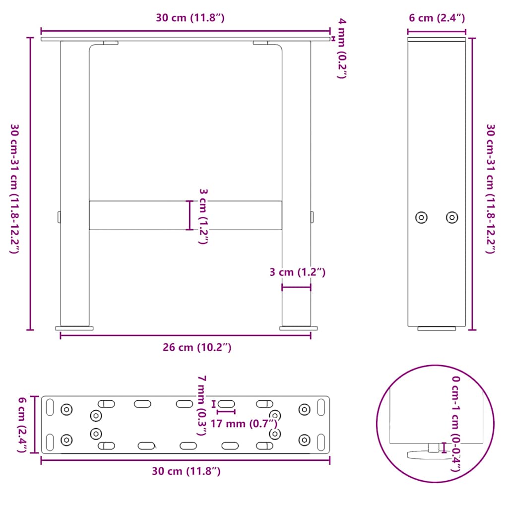 Gambe per Tavolino da Caffè Nero 2 pz 30x(30-31) cm Acciaio