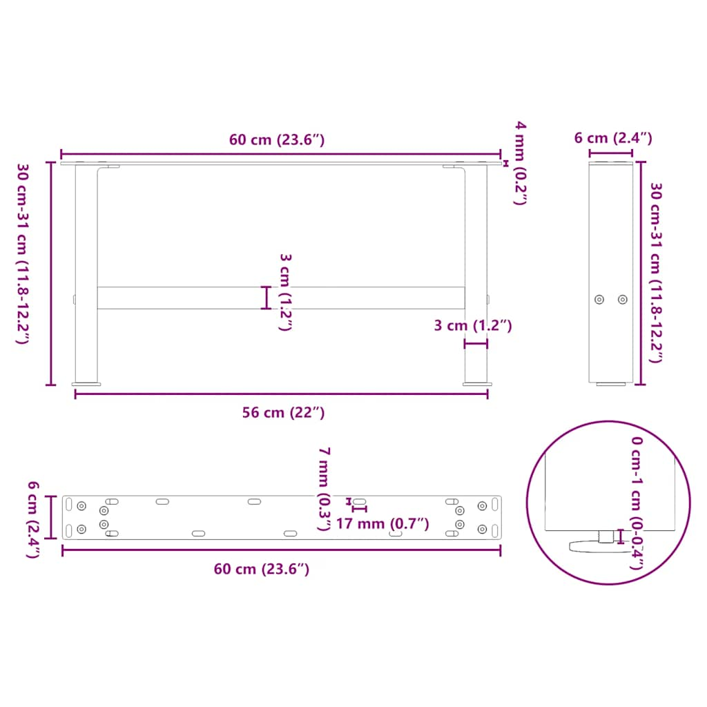 Gambe per Tavolino da Caffè Nero 2 pz 60x(30-31) cm Acciaio