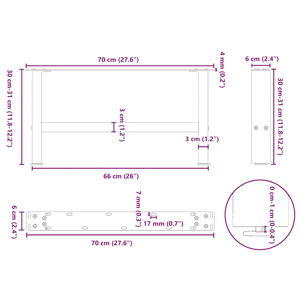 Gambe per Tavolino da Caffè Nero 2 pz 70x(30-31) cm Acciaio