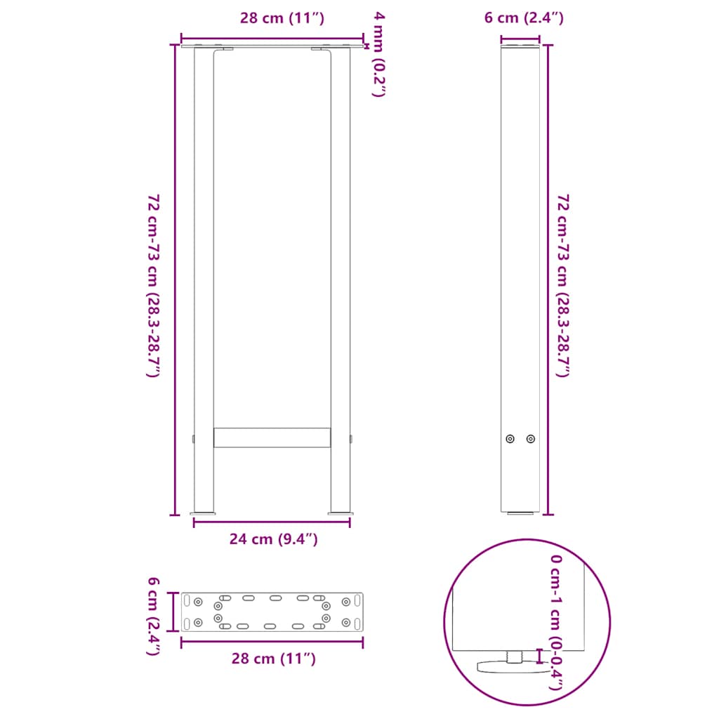 Gambe per Tavolino Nero 2 pz 28x(72-73) cm Acciaio