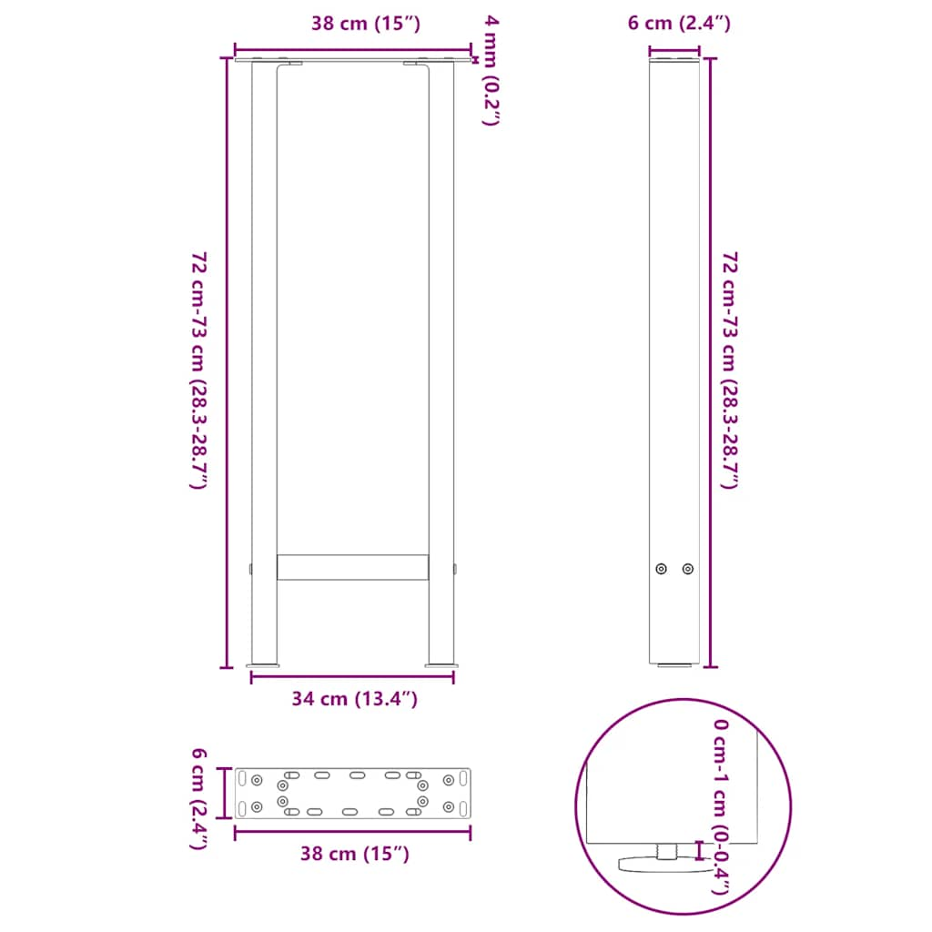 Gambe per Tavolino Antracite 2 pz 38x(72-73) cm Acciaio