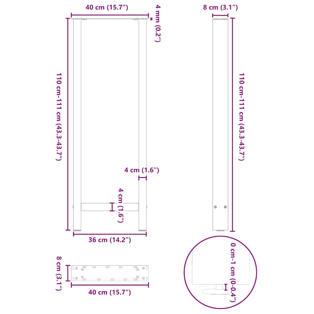 Gambe per Tavolino Nero 2 pz 40x(110-111) cm Acciaio