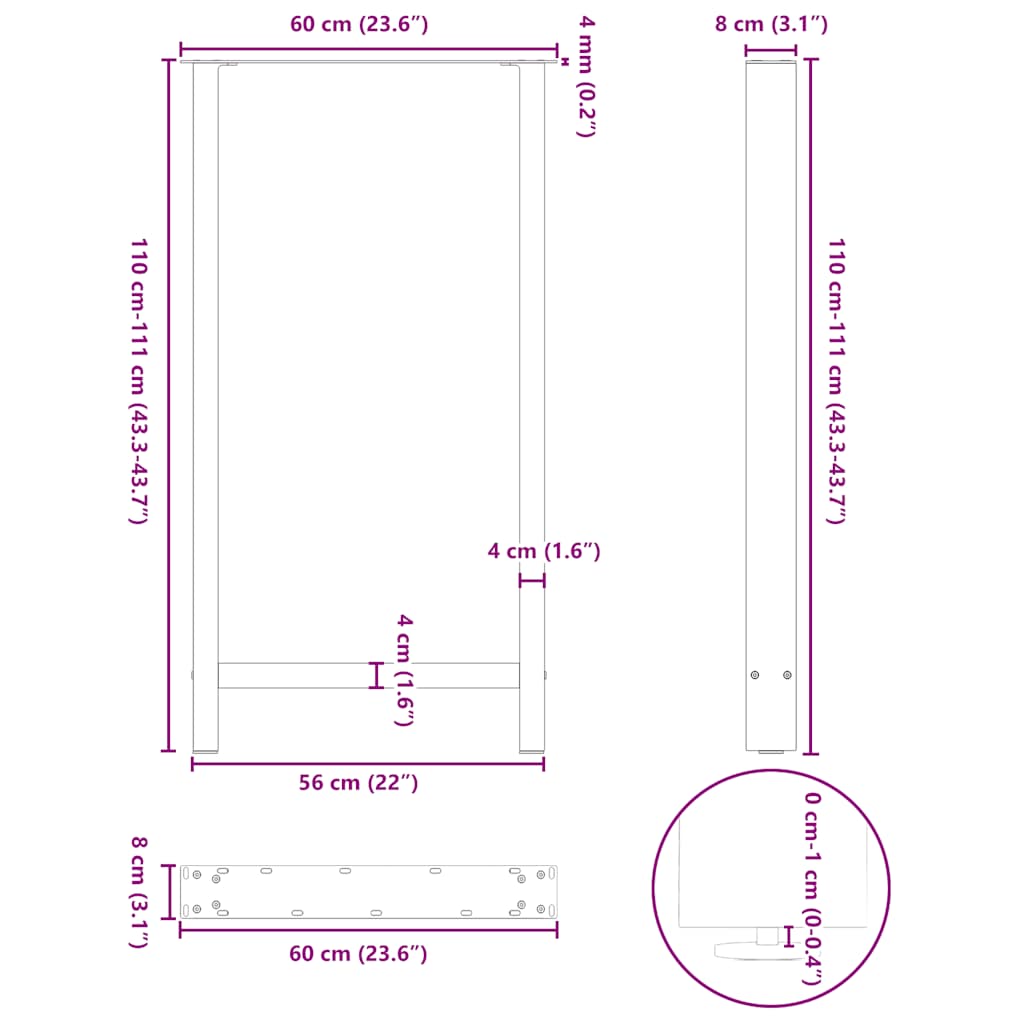 Gambe per Tavolino Nero 2 pz 60x(110-111) cm Acciaio