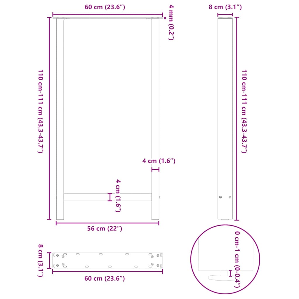 Gambe per Tavolino Bianco 2 pz 60x(110-111) cm Acciaio