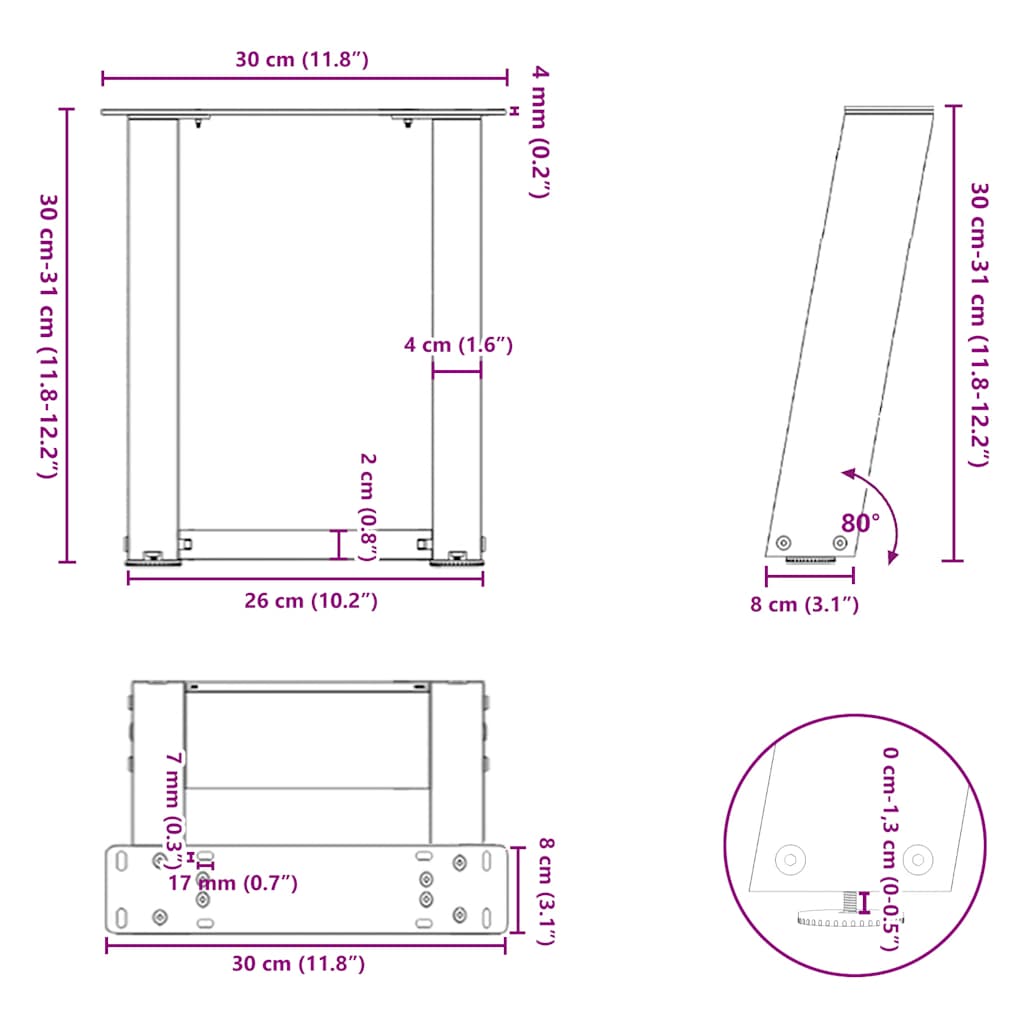 Gambe Tavolino da Caffè a U 2 pz Nero 30x(30-31) cm in Acciaio